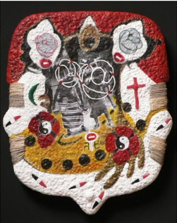 Œuvre sculpturo-picturale de DÜKÜ Ernest — composition rouge, blanc et ocre